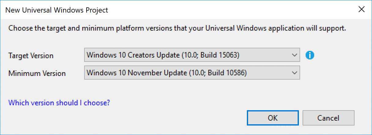The dialog displayed when you create a new Universal Windows Platform app in Visual Studio.