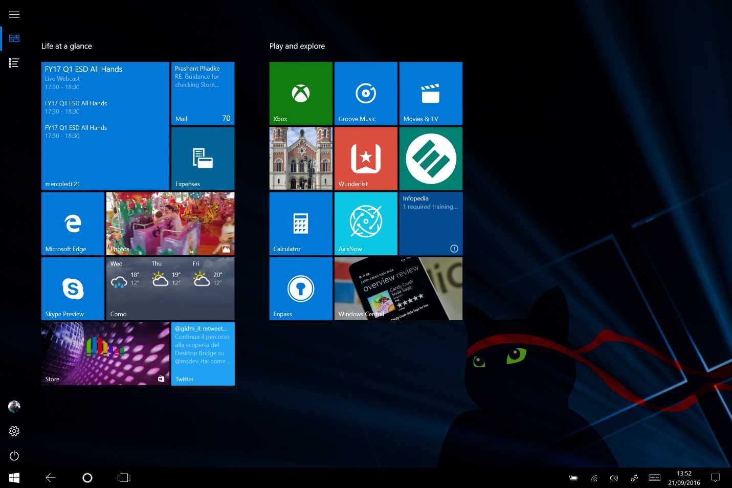 The Start Menu when Windows 10 is running in tablet mode.
