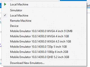 The various emulators available to test your apps on a Windows 10 Mobile device.
