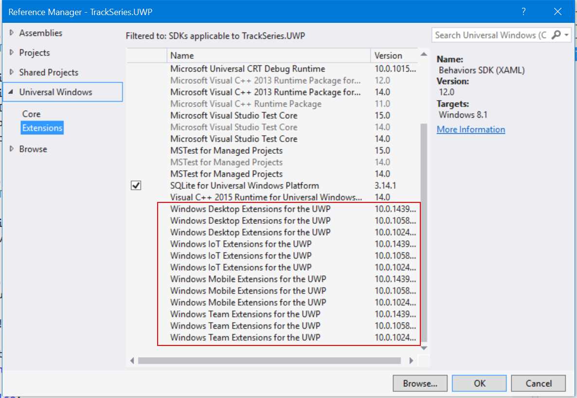 The various extension SDKs available for the Universal Windows Platform.