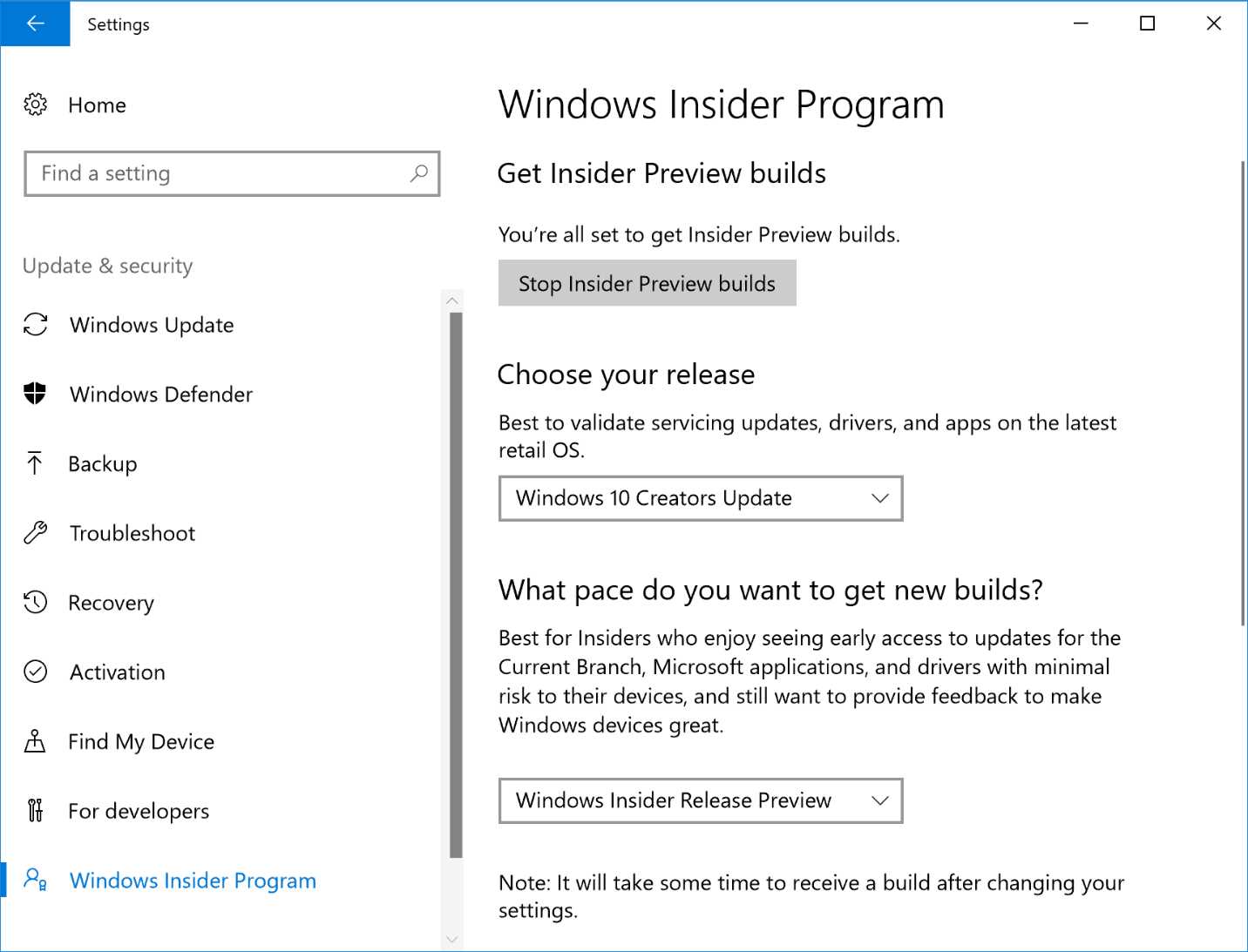 The Windows Insider Program page in the Windows settings.