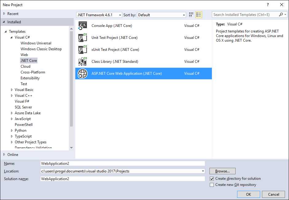 Available Project Templates for .NET Core
