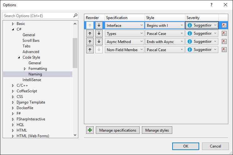 Default Settings for the Naming Code Style