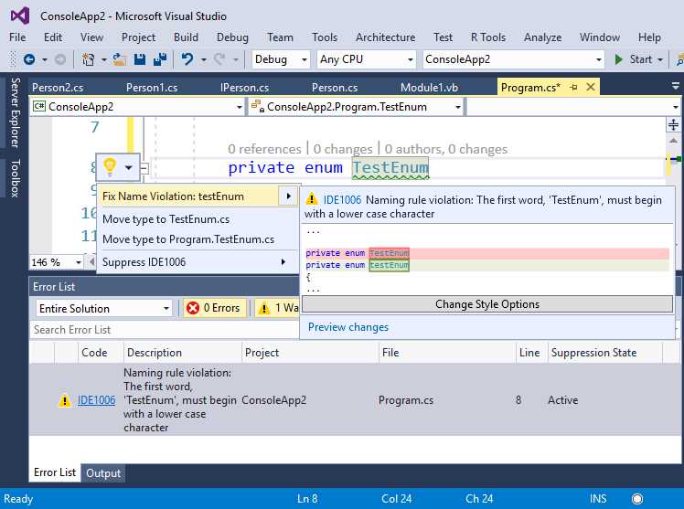 Detection of Custom Naming Rules Violations and a Code Fix