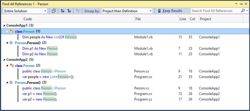 Find All References Groups References with Syntax Colorization