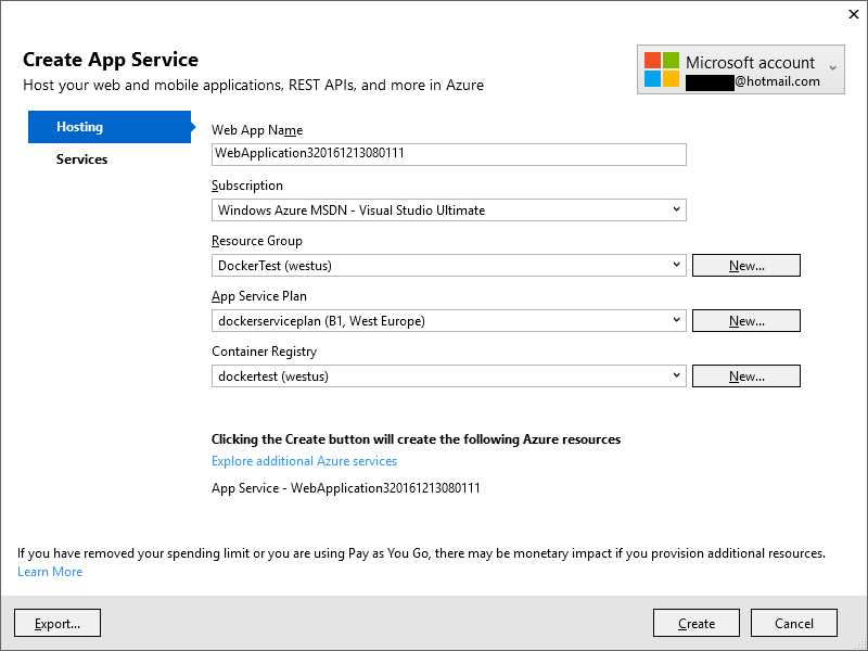 Providing Information Required to Publish a Docker Container to Azure