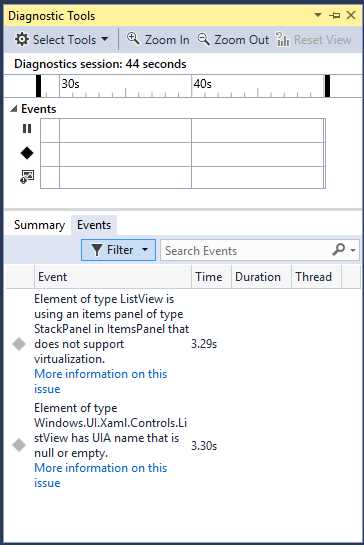 The List of UI Analysis Events with Details