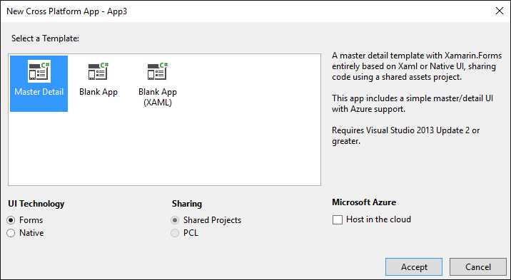 The New Dialog for Creating Xamarin Projects