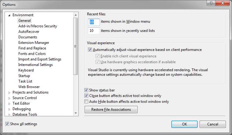 Visual Studio options