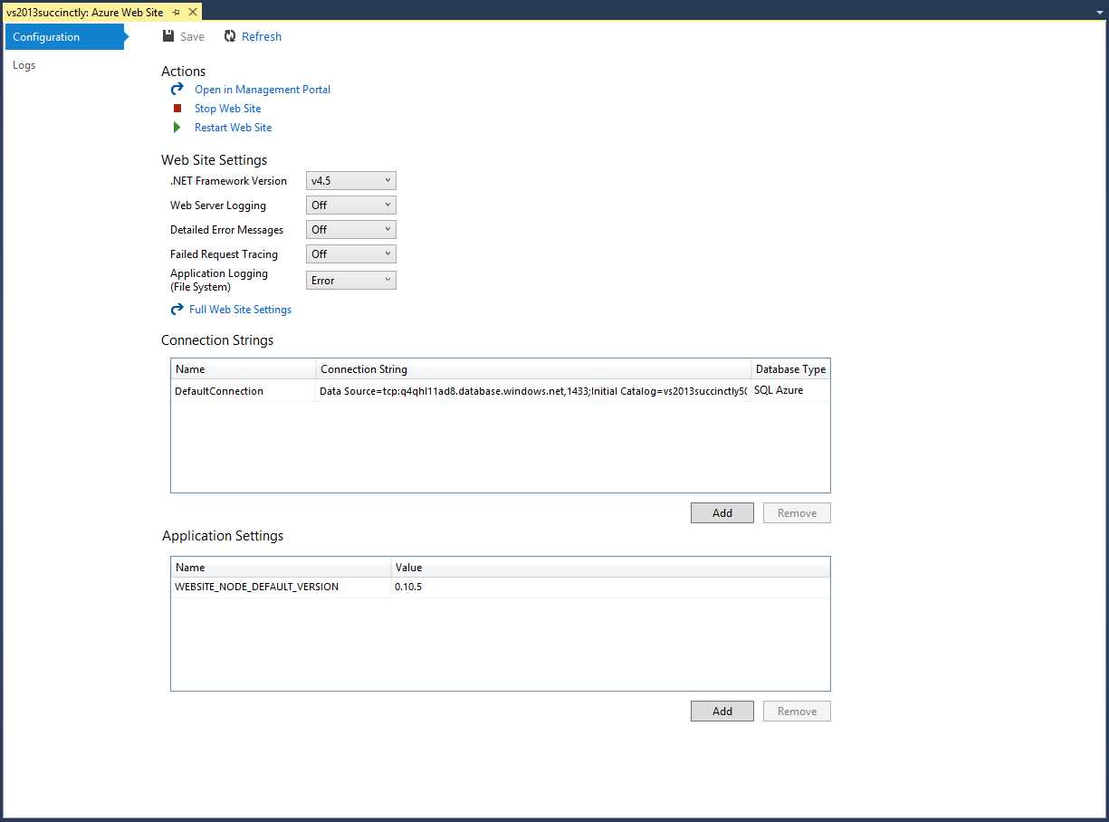 Configuration Window for the New Website