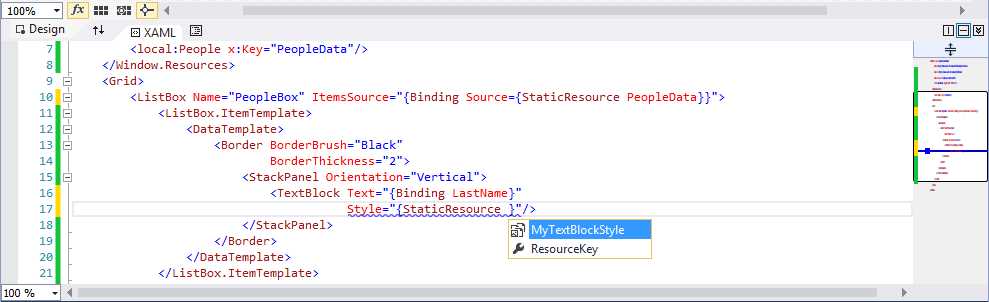 IntelliSense shows available resources for the specified control.