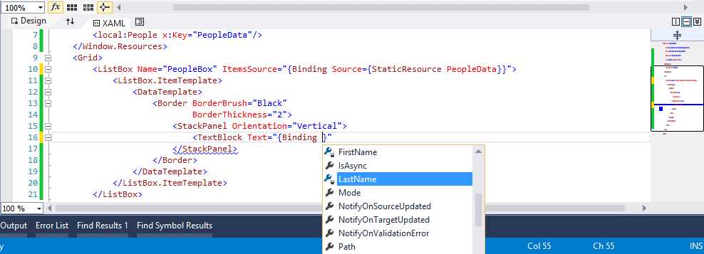 IntelliSense shows properties that can be data-bound.