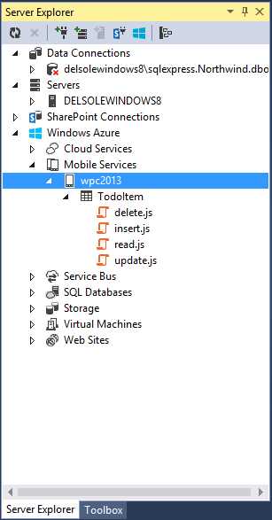 Mobile service, table, and JavaScript files as they appear in Server Explorer.