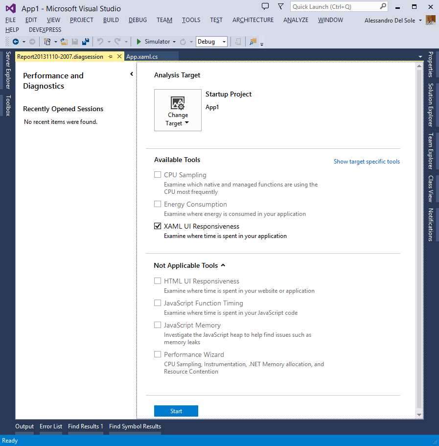 Selecting the XAML UI Responsiveness Tool
