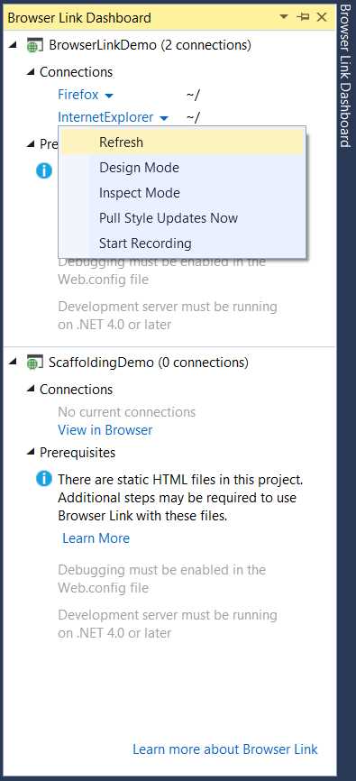 The Browser Link Dashboard allows managing actions for single connections.