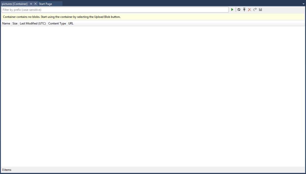 The list of blobs for the current container is empty.