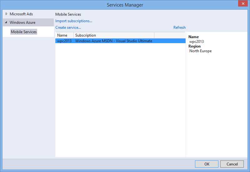 The Services Manager dialog shows available Mobile Services.