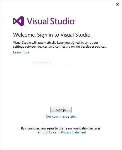 Visual Studio 2013 asks you to sign in with a Microsoft Account.