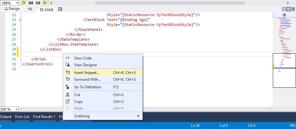 Visual Studio 2013 provides support for XAML code snippets.