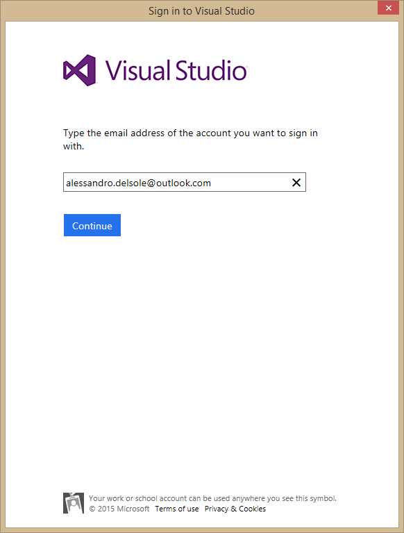 Adding a Microsoft Account to Visual Studio 2015.