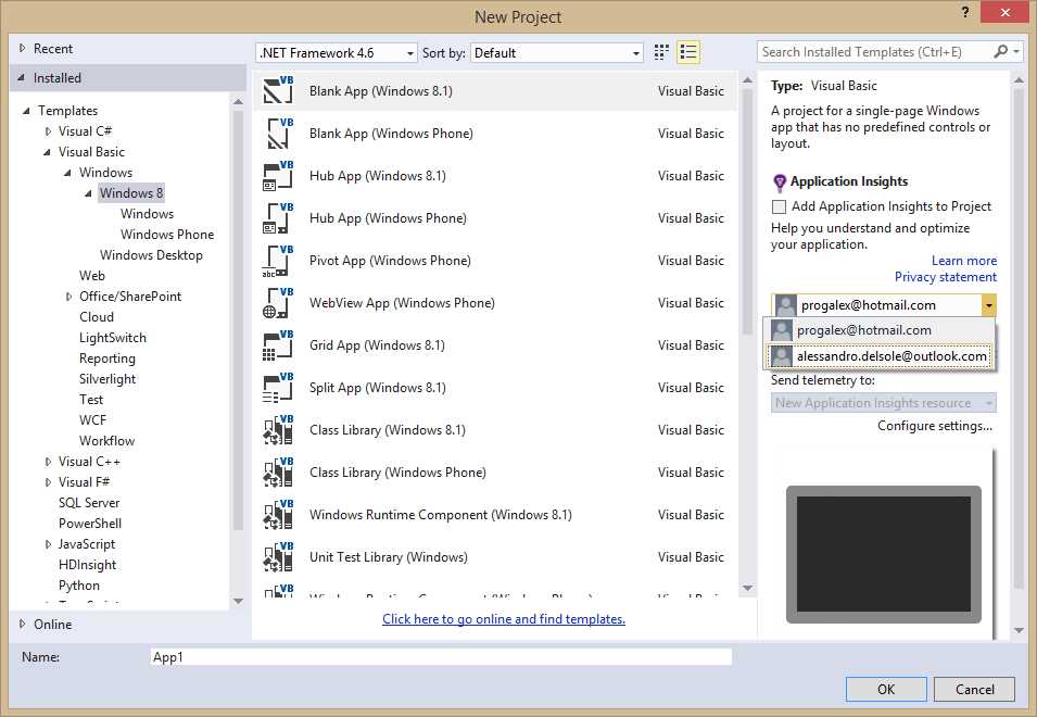 Choosing a Microsoft account for Application Insights.