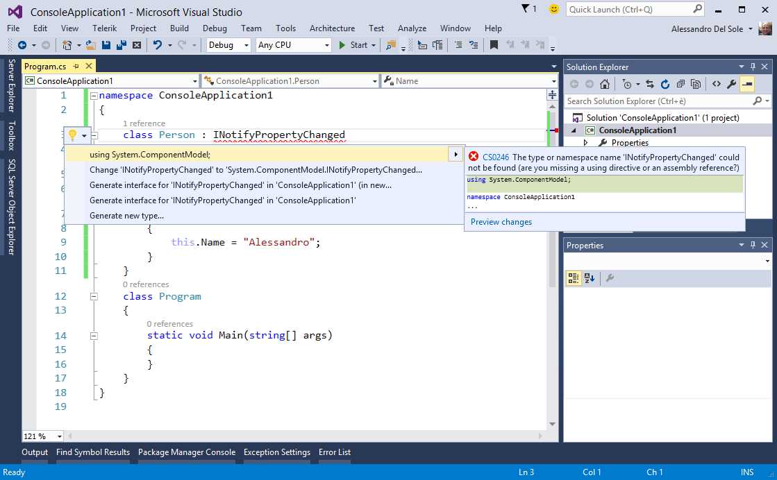 Quick Actions for a missing namespace.