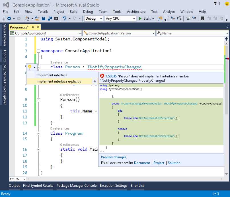 Quick Actions for a not implemented interface.