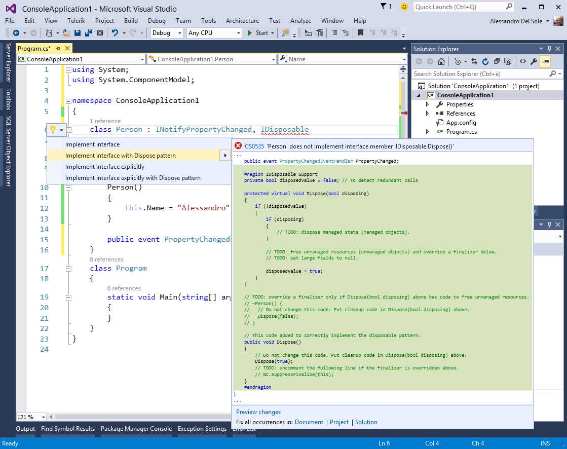 Quick Actions suggesting different ways to implement a pattern.