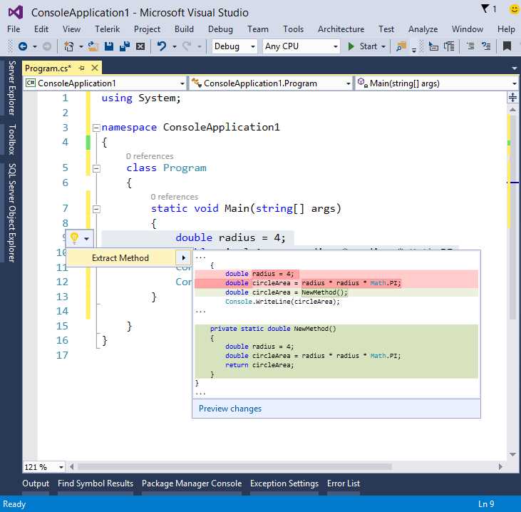 Quick Actions suggesting to extract a new method.