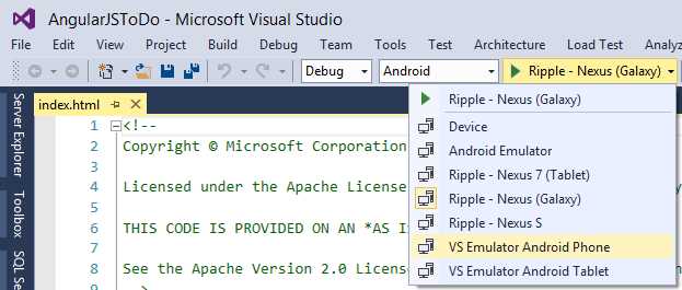 Selecting a physical device or an emulator.