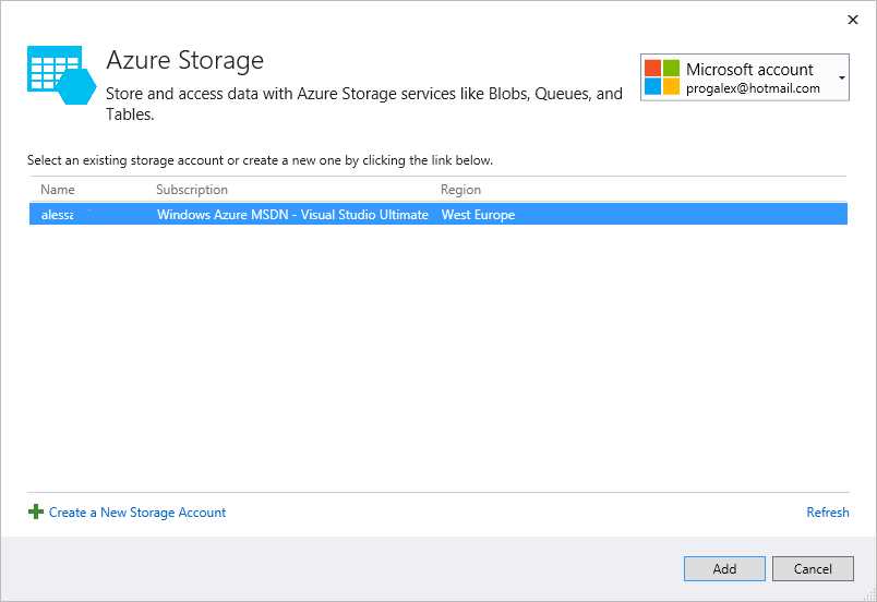 Selecting a storage account.