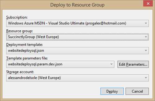 The Deploy to Resource Group dialog.
