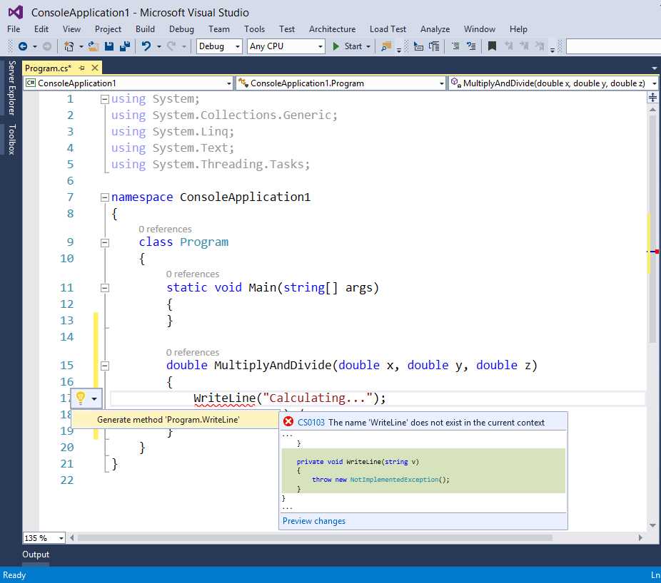 The Light Bulb provides quick actions to suggest fixes for errors or to refactor your code.