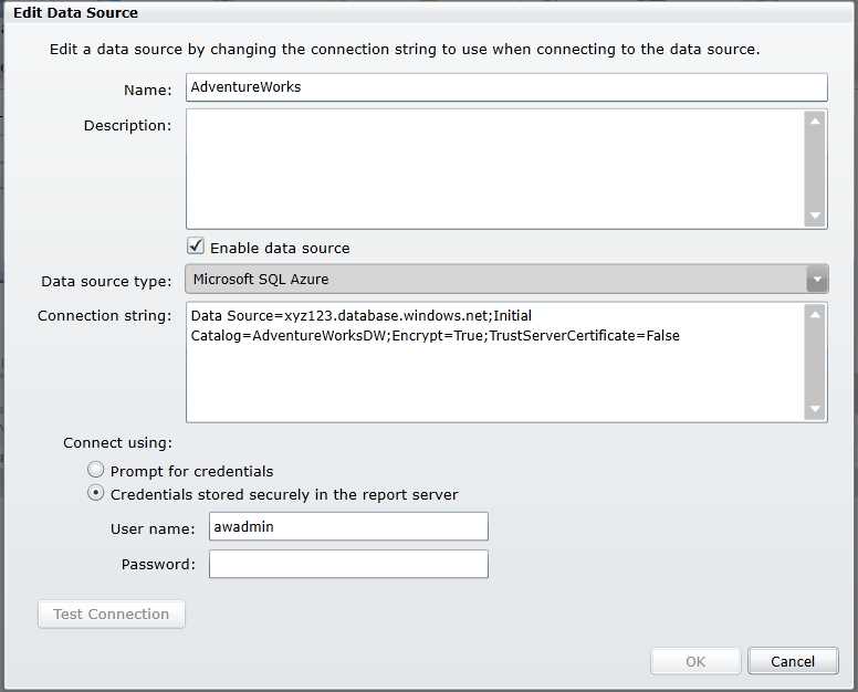 Data source settings on SQL Reporting server