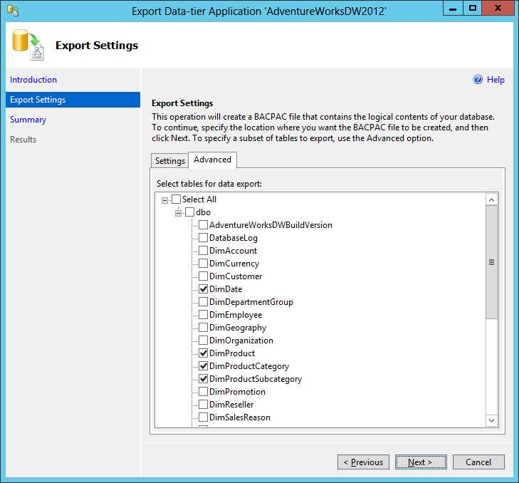 Individual table selection for export