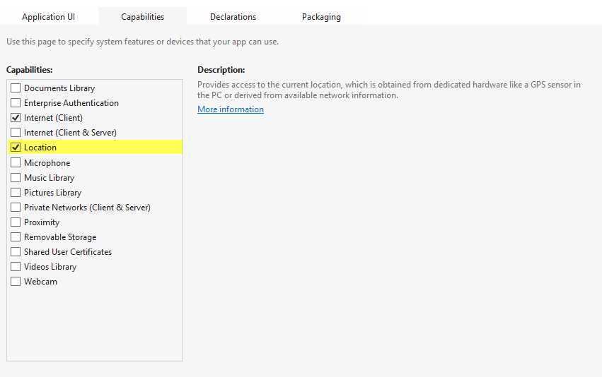 Application Capabilities Screen with the Location Capability Selected