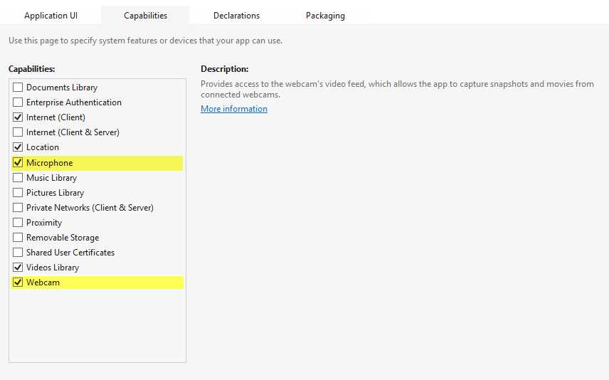 Application Capabilities Screen with the Microphone and Webcam Capabilities Indicated