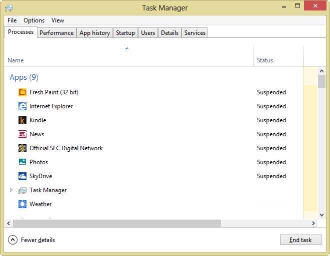 Task Manager Showing Active Weather App and Several Suspended Apps