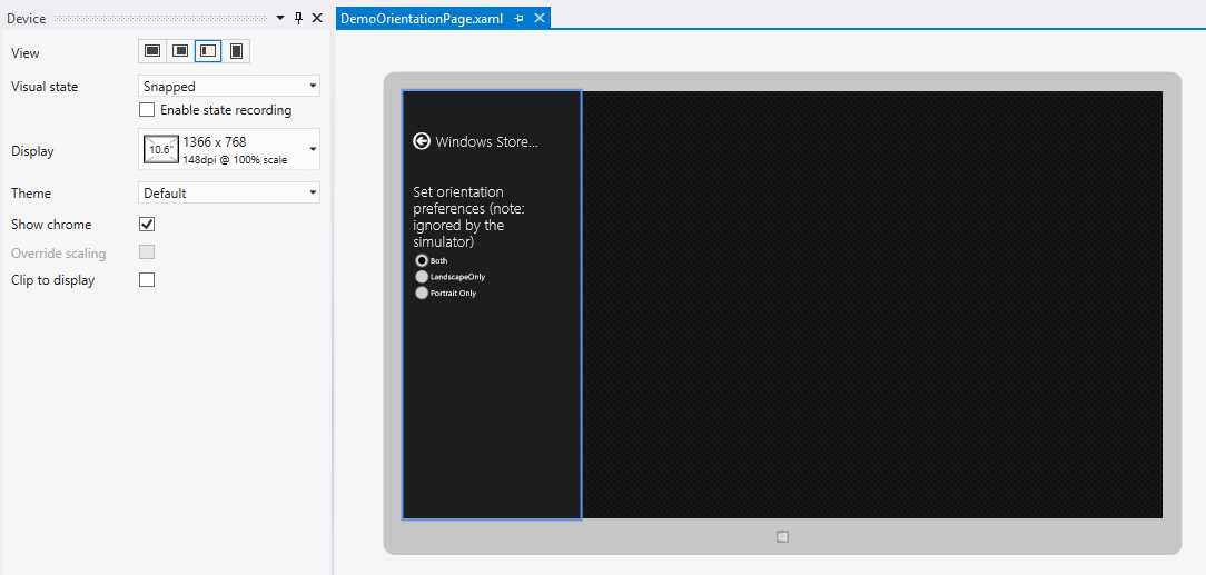 The Visual Studio Designer Showing the Snapped View State