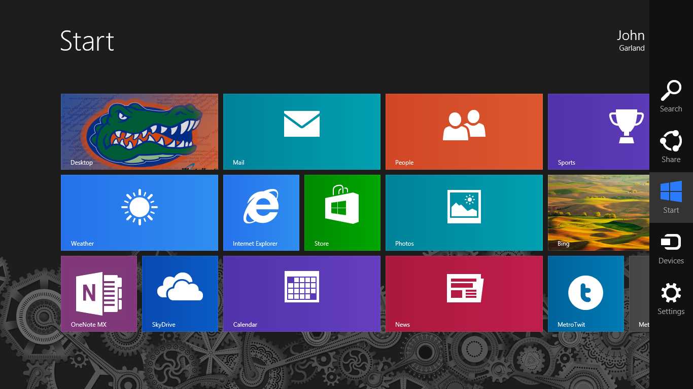 The Windows Start Screen Showing the Charms Bar