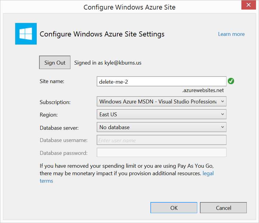 Configure Windows Azure dialog