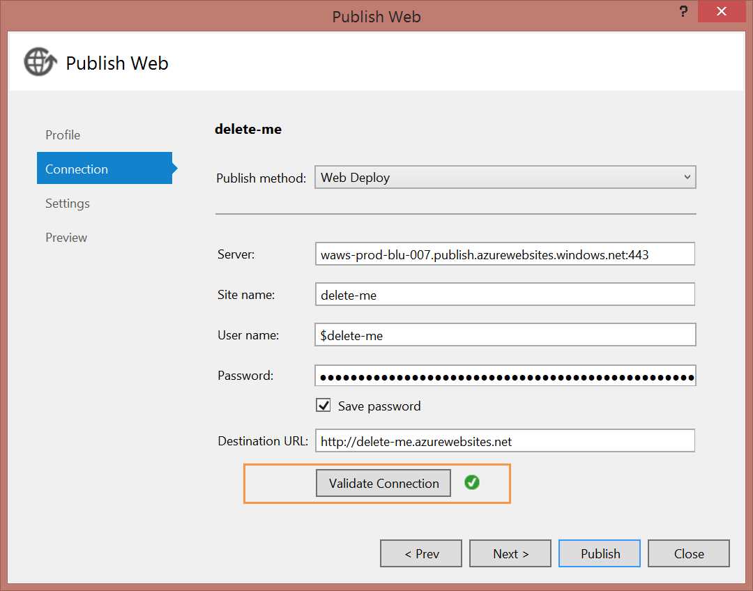 Publish Web Site connection settings