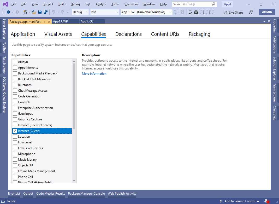 Specifying capabilities in UWP projects