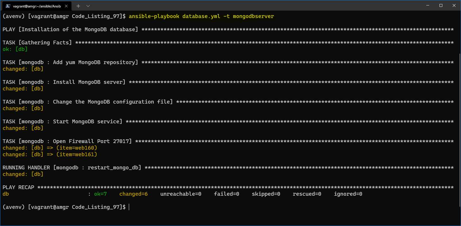 Result of the execution of the database.yml playbook