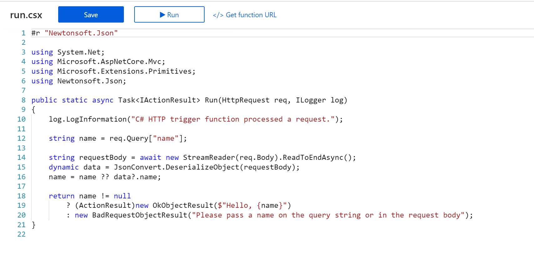 A sample .NET Core Azure function using the HttpTrigger