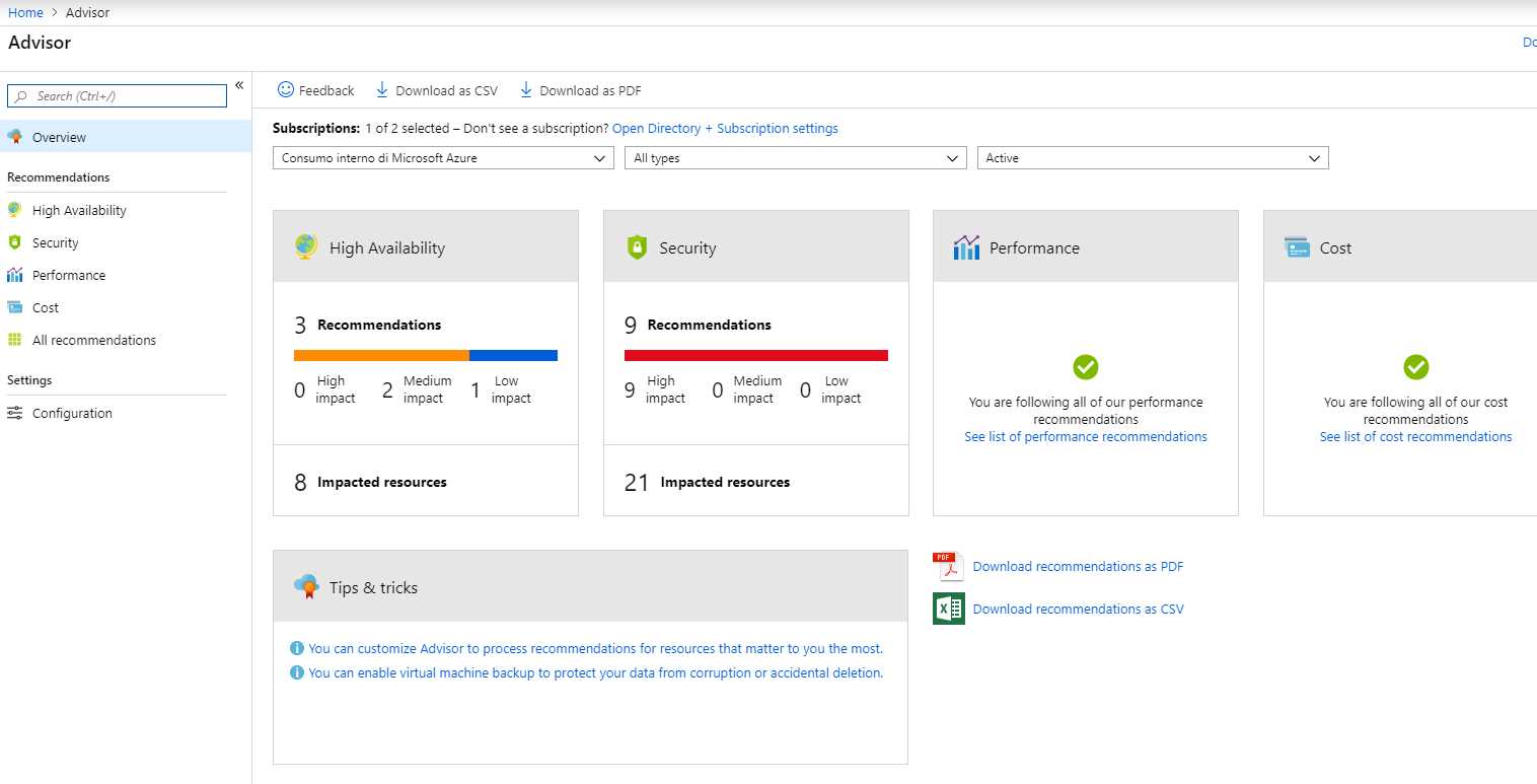 Azure Advisor recommendations