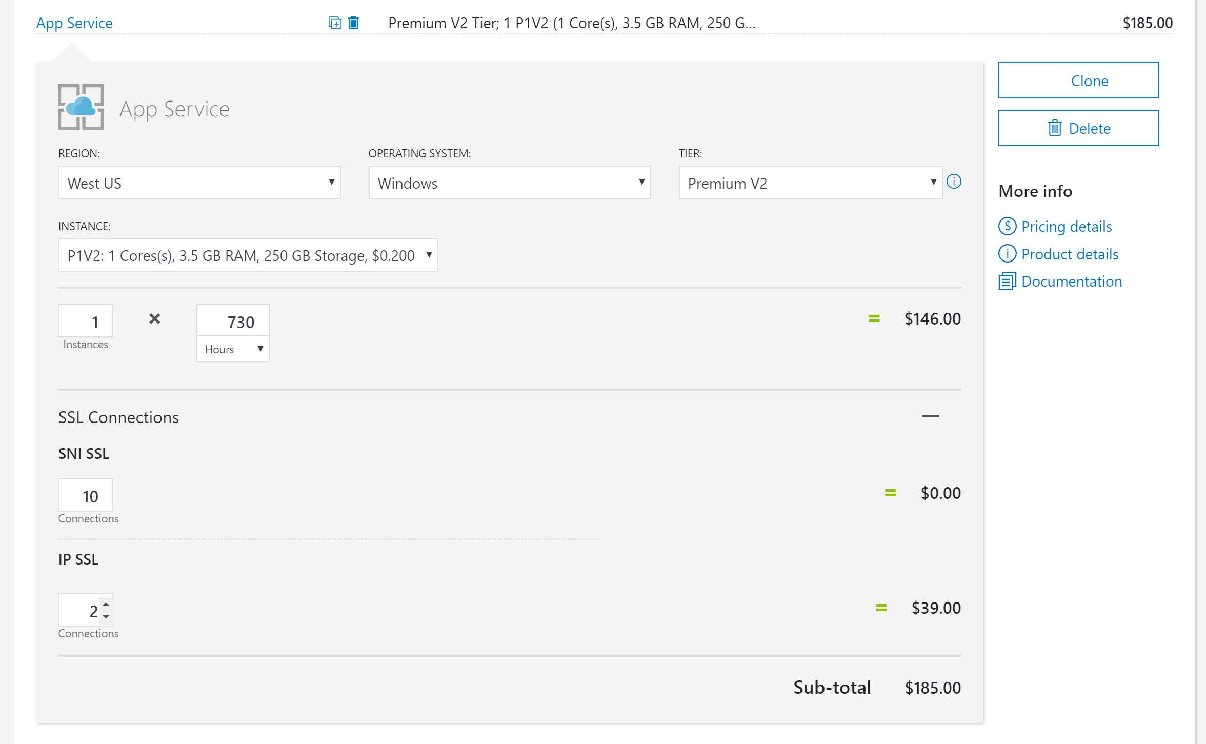 Azure Pricing Calculator sample pricing