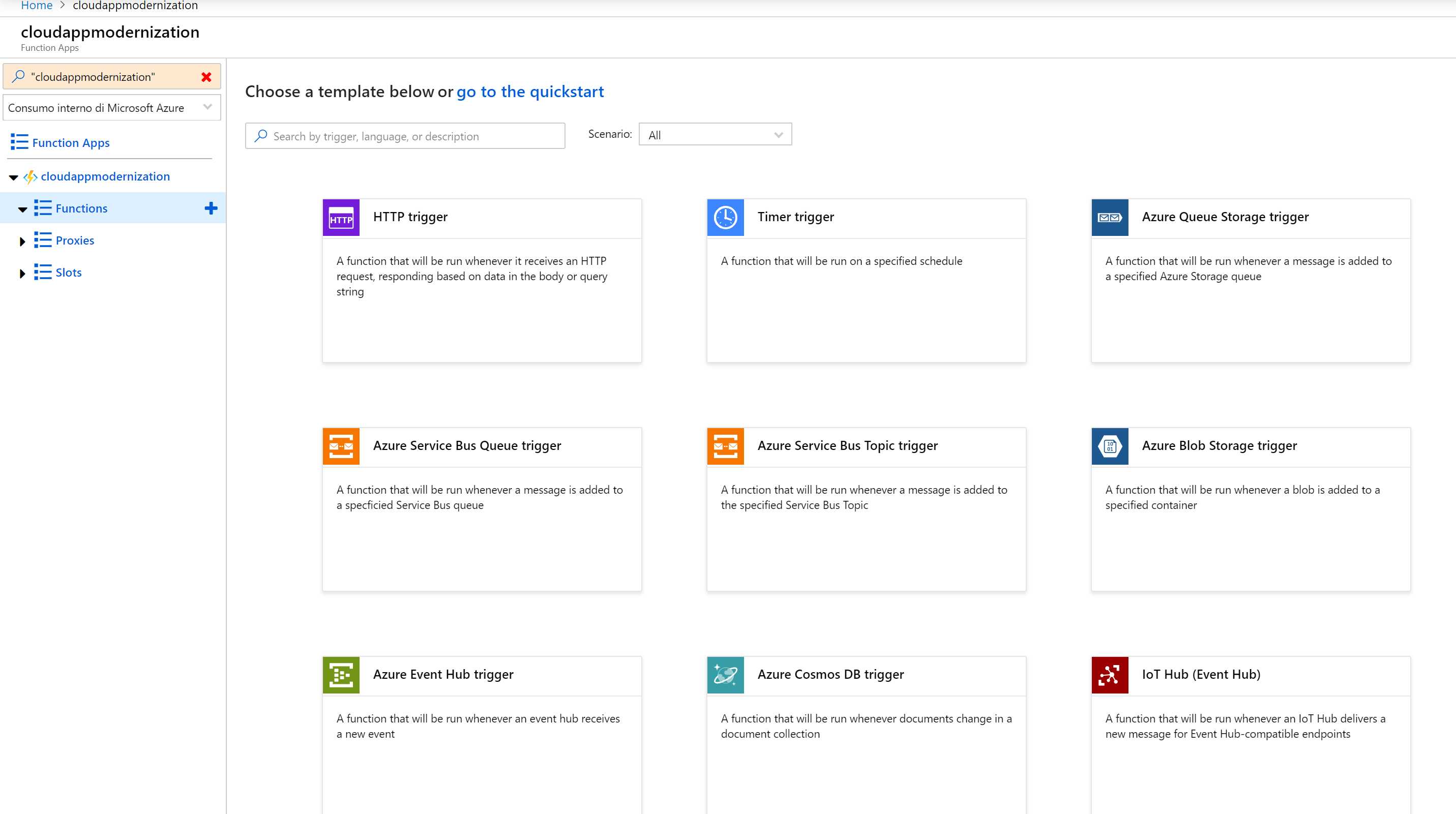 Creating a function app in the Azure Portal using a predefined template