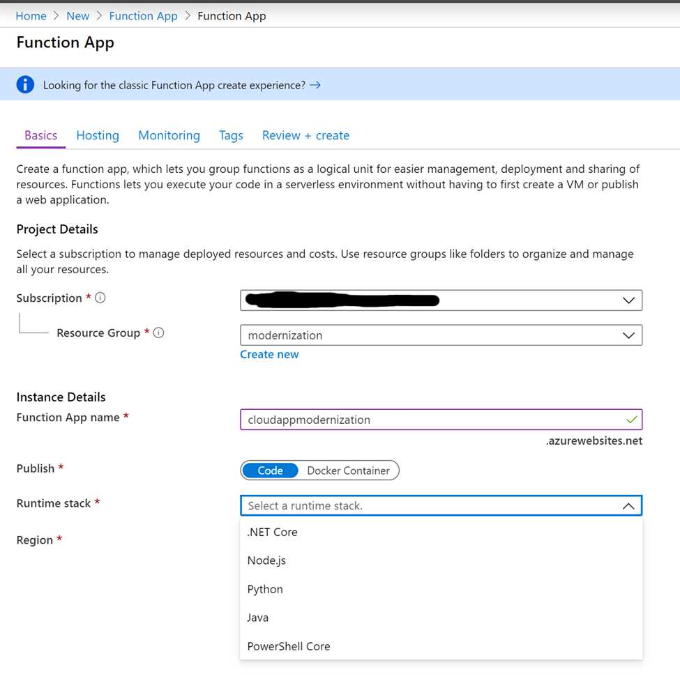 Creating a function app—step 1