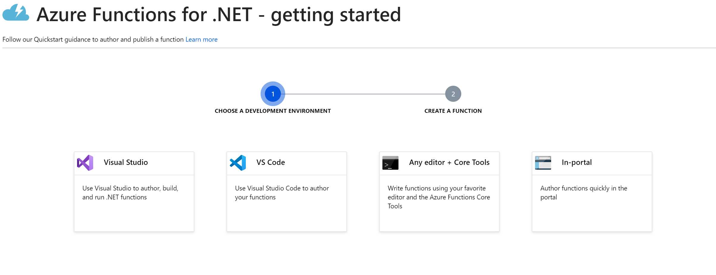 Different options to create an Azure function in .NET Core